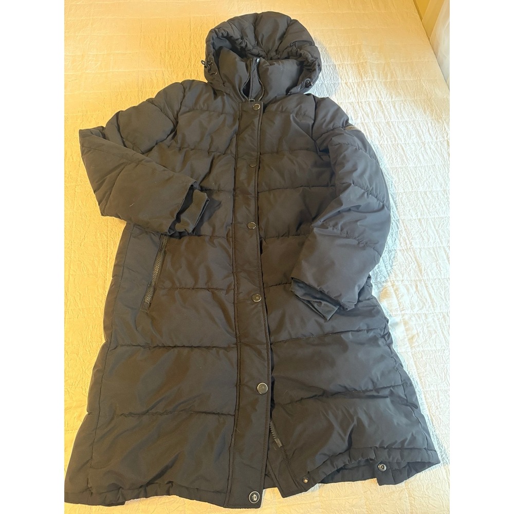 DKNY Womens Black Hooded Long Puffer Coat Quilted Winter Parka Jacket Size M